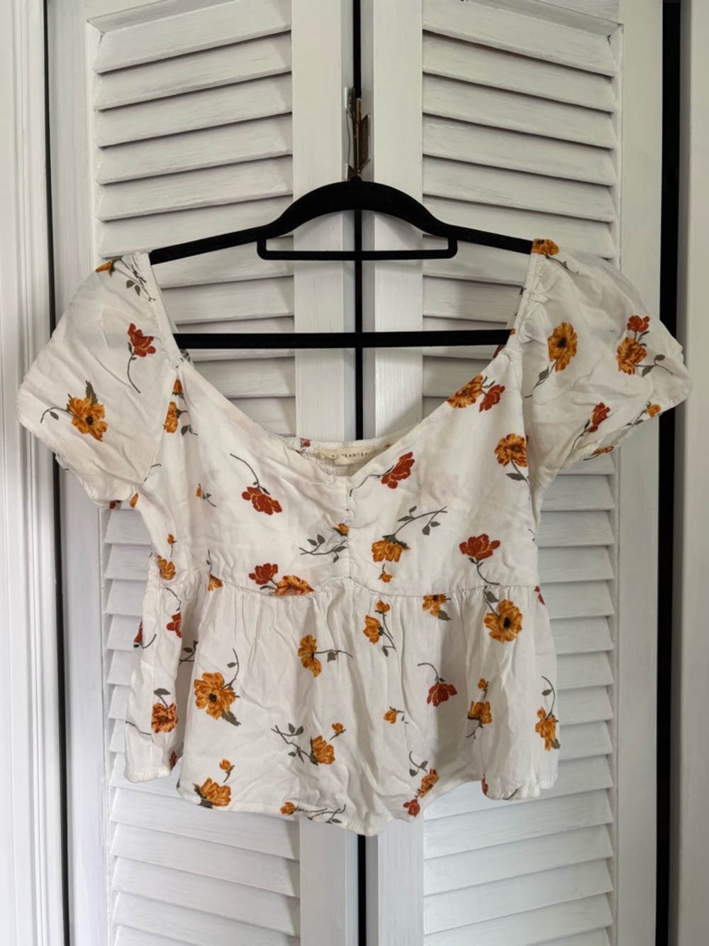 La Hearts White Peplum Top with Yellow & Rust Floral Print